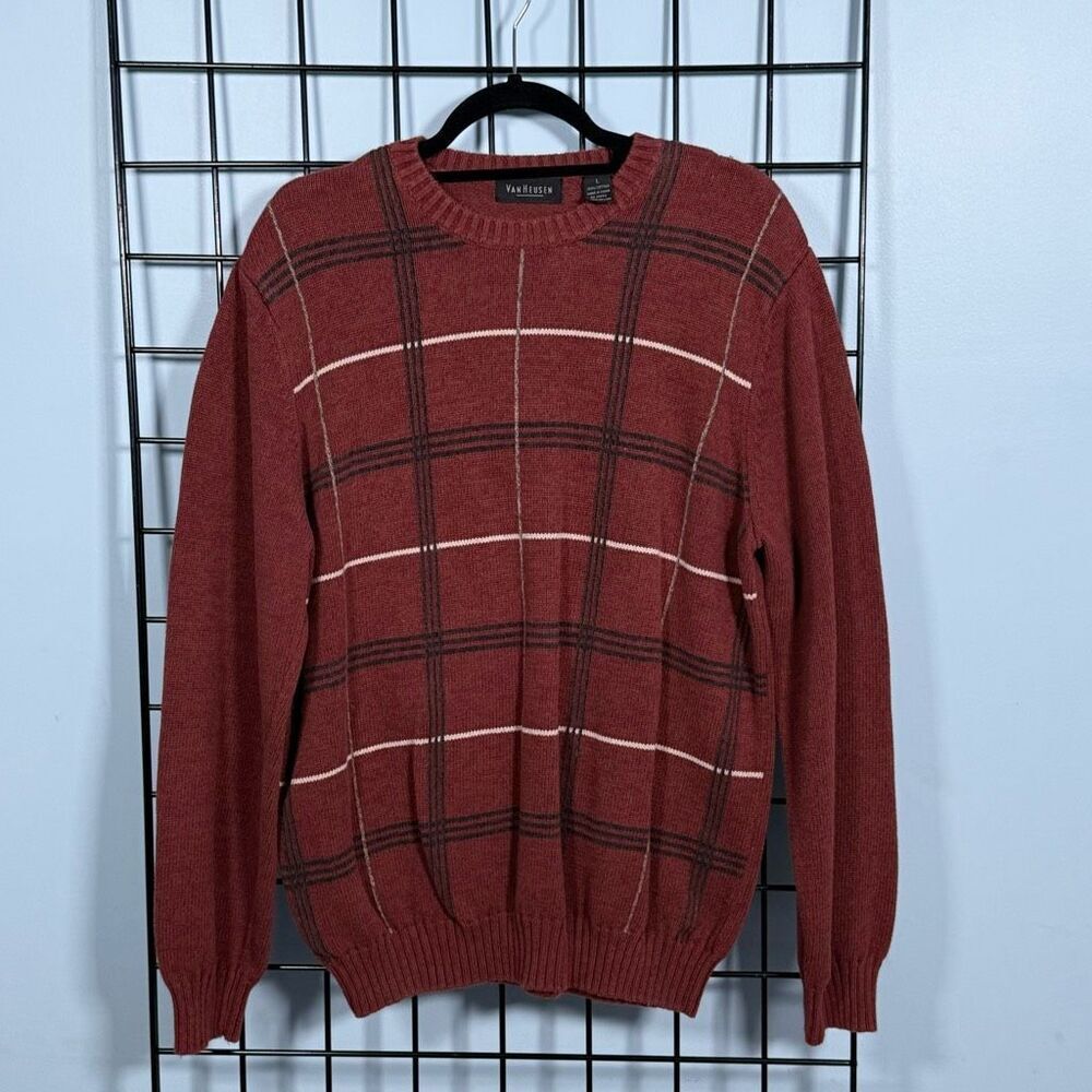 Vintage Van Heusen Knit Sweater Mens L Orange Plaid Dad Eclectic Grandpa 90s - Picture 4 of 7